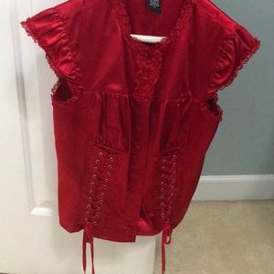 Red satin, short sleeve blouse sz S
